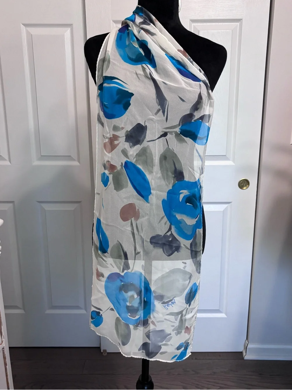 Artist Signed Watercolor Floral Sheer Chiffon Scarf Blue Gray White Oblong Wrap